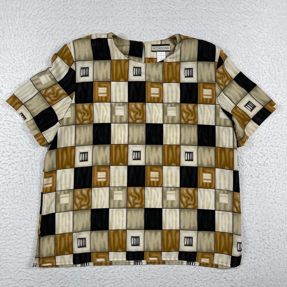 Notations Blouse Womens Large Tan Black Geometric Grid Short Sleeve Vintage